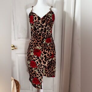 Asymmetrical Leopard Dress with Red Floral Design